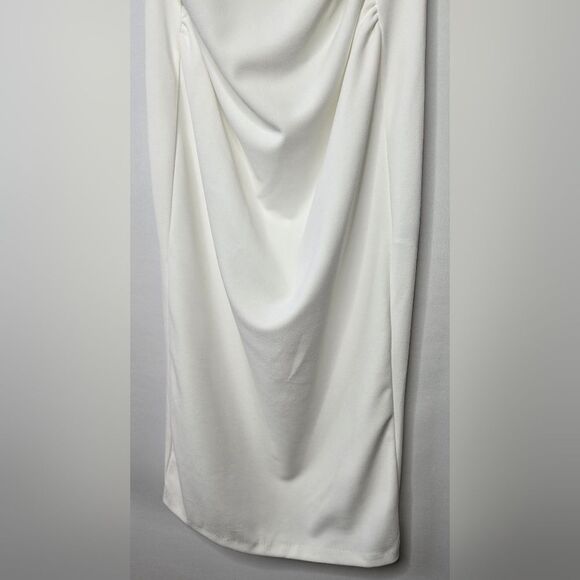 NWT Women's White Zara Padded Shoulder Midi Dress w/ Ruching V Back Size Small - Picture 4 of 10